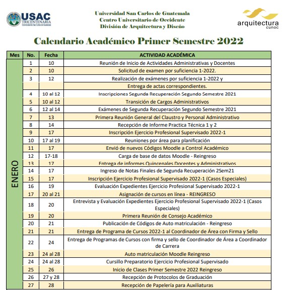 CALENDARIO ACADÉMICO ENERO 2022